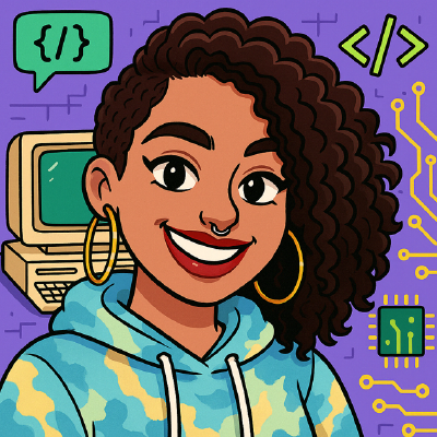 Avatar ilustrado de Ingrid Silva — desenvolvedora com cabelos cacheados, brincos de argola e moletom tie-dye, cercada por elementos de tecnologia